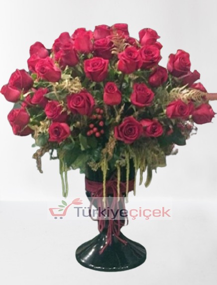 LUXURY BLACK VASE RED ROSES  